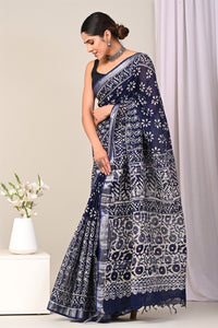 Hand Block Printed Linen Saree With Unstitched Blouse CMSRE08SV0140
