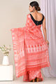 Hand Block Printed Linen Saree With Unstitched Blouse CMSRE08SV0141