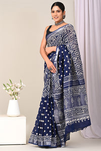 Hand Block Printed Linen Saree With Unstitched Blouse CMSRE08SV0142