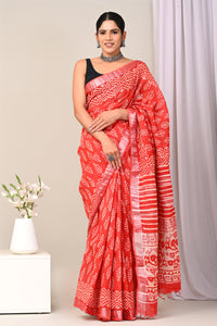 Hand Block Printed Linen Saree With Unstitched Blouse