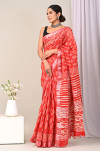 Hand Block Printed Linen Saree With Unstitched Blouse CMSRE08SV0144