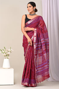 Hand Block Printed Linen Saree With Unstitched Blouse CMSRE08SV0145