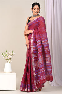 Hand Block Printed Linen Saree With Unstitched Blouse CMSRE08SV0145