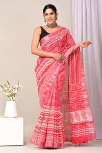 Hand Block Printed Linen Saree With Unstitched Blouse CMSRE08SV0146
