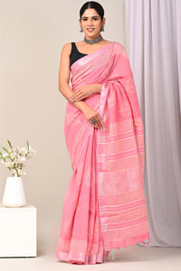 Hand Block Printed Linen Saree With Unstitched Blouse