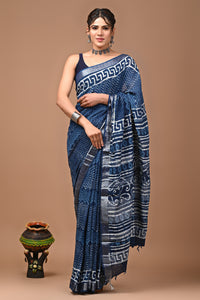 Block Printed Cotton linen Saree With Unstiched Blouse