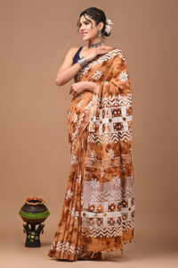 Block Printed Cotton linen Saree With Unstiched Blouse