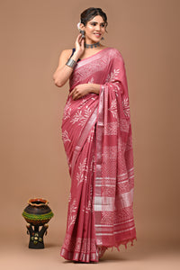 Block Printed Cotton linen Saree With Unstiched Blouse