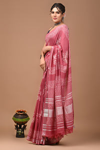 Block Printed Cotton linen Saree With Unstiched Blouse