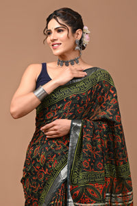 Block Printed Cotton linen Saree With Unstiched Blouse