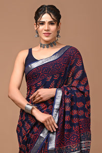 Block Printed Cotton linen Saree With Unstiched Blouse