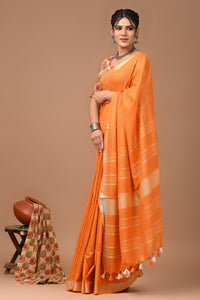 Plain linen Saree With Ajrak Printed Unstiched Blouse