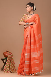 Plain linen Saree With Ajrak Printed Unstiched Blouse