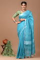 Plain linen Saree With Ajrak Printed Unstiched Blouse