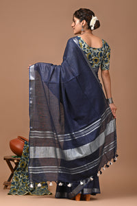 Plain linen Saree With Ajrak Printed Unstiched Blouse