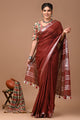 Plain linen Saree With Ajrak Printed Unstiched Blouse