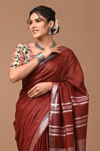 Plain linen Saree With Ajrak Printed Unstiched Blouse