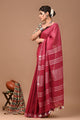 Plain linen Saree With Ajrak Printed Unstiched Blouse