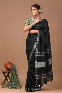 Plain linen Saree With Ajrak Printed Unstiched Blouse