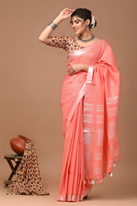 Plain linen Saree With Ajrak Printed Unstiched Blouse