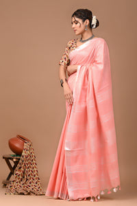 Plain linen Saree With Ajrak Printed Unstiched Blouse