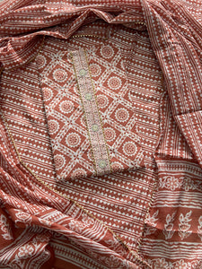 Cotton hand work suit with cotton mulmul work dupatta