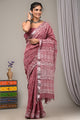 Traditional Block Printed Cotton Linen Saree With Blouse