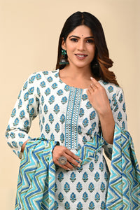 Cotton Hand Block Butti Print Suit Set in shade of Light Blue