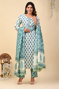 Cotton Hand Block Butti Print Suit Set in shade of Light Blue