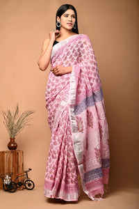Hand Block Printed Linen Saree With Unstitched Blouse CMSRE08PR0150