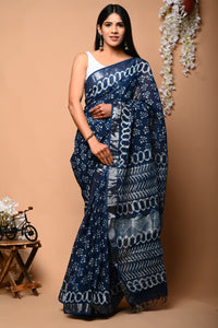 Hand Block Printed Linen Saree With Unstitched Blouse CMSRE08PR0151