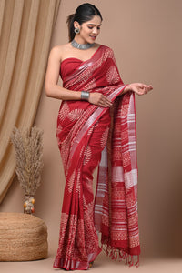 Hand Block Printed Linen Saree With Unstitched Blouse CMSRE08PR0152