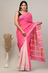 Hand Block Printed Linen Saree With Unstitched Blouse CMSRE08PR0153
