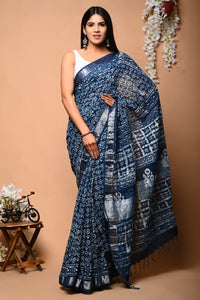 Hand Block Printed Linen Saree With Unstitched Blouse CMSRE08PR0154