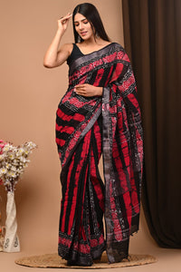 Hand Block Printed Linen Saree With Unstitched Blouse CMSRE08PR0155