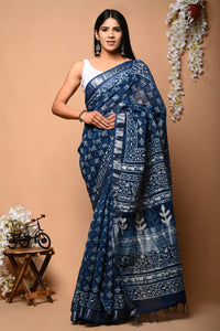 Hand Block Printed Linen Saree With Unstitched Blouse CMSRE08PR0156