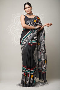 Hand Block Printed Linen Saree With Unstitched Blouse CMSRE08PR0158