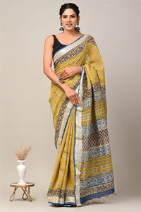 Hand Block Printed Linen Saree With Unstitched Blouse CMSRE08PR0170