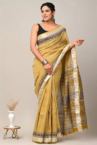 Hand Block Printed Linen Saree With Unstitched Blouse CMSRE08PR0172
