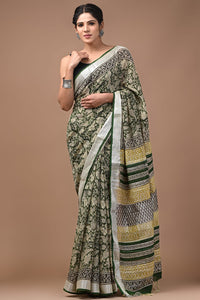 Hand Block Printed Linen Saree With Unstitched Blouse CMSRE08PR0175