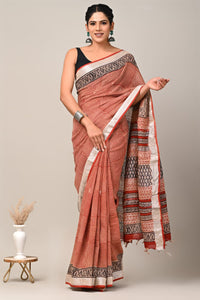 Hand Block Printed Linen Saree With Unstitched Blouse CMSRE08PR0176
