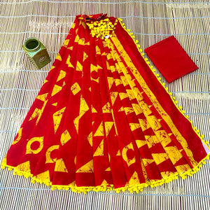 Printed Pure Cotton Mulmul Saree With PomPom Lace