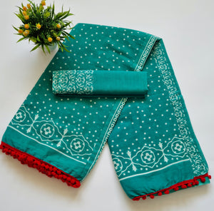 Printed Pure Cotton Mulmul Saree With PomPom Lace