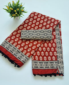 Printed Pure Cotton Mulmul Saree With PomPom Lace