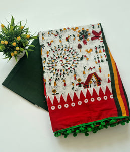 Printed Pure Cotton Mulmul Saree With PomPom Lace