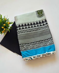 Printed Pure Cotton Mulmul Saree With PomPom Lace