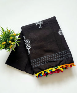 Printed Pure Cotton Mulmul Saree With PomPom Lace