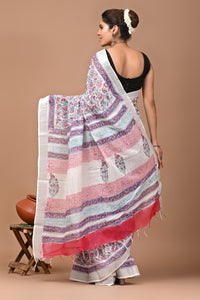 Block Printed Cotton linen Saree With Unstiched Blouse