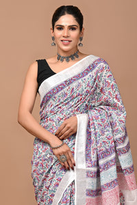 Block Printed Cotton linen Saree With Unstiched Blouse