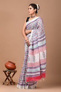 Block Printed Cotton linen Saree With Unstiched Blouse